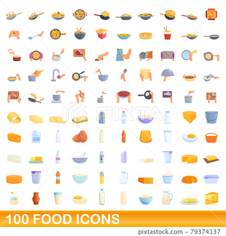 100 food icons set, cartoon style 79374137