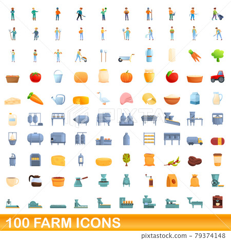 100 farm icons set, cartoon style 79374148