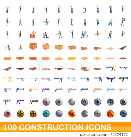 100 construction icons set, cartoon style 79374172