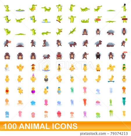 100 animal icons set, cartoon style 100 animal icons set, cartoon style 79374213