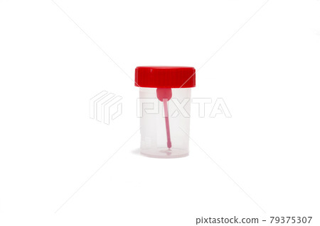 Empty sample cup. Plastic container for medical tests isolated 79375307