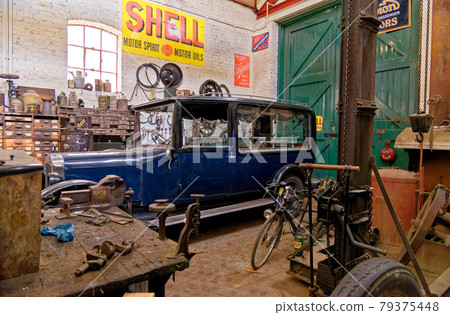 Vintage car in an workshop in Beamish Village - UK Vintage car in an workshop in Beamish Village - UK 79375448