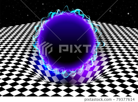 Abstract checkered board background with blue electric ball and gravity effect on the pit or hole in the floor. Vaporwave or synthwave 80s styled illustration. Abstract checkered board background with blue electric ball and gravity effect on the pit or hole in the floor. Vaporwave or synthwave 80s styled illustration. 79377614
