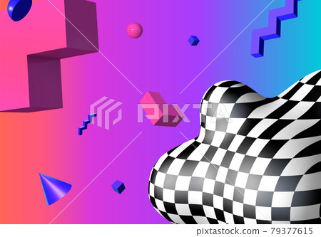 Abstract background with flying colorful 3D geometric shapes over vibrant gradient backdrop. Lush and bold colored abstraction with checkered shape in 90s style. Abstract background with flying colorful 3D geometric shapes over vibrant gradient backdrop. Lush and bold colored abstraction with checkered shape in 90s style. 79377615