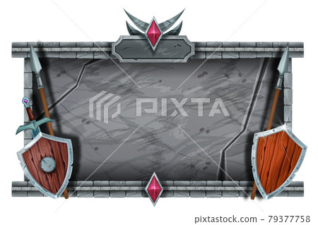 Stone game frame, medieval castle interface design, marble rock signboard, wooden shield, spear 79377758
