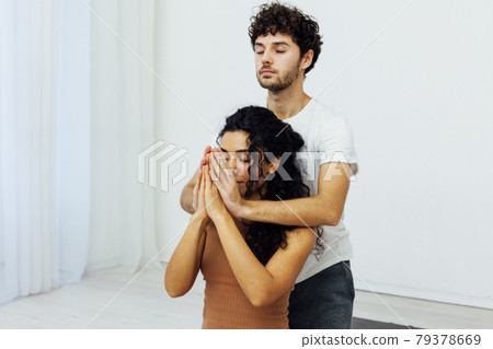 Male and female doubles yoga asana gymnastics fitness 79378669