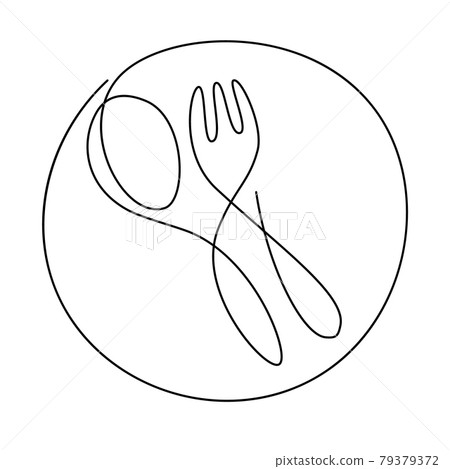 Continuous line drawn plate, spoon and fork. Restaurant logo isolated on white background minimalism design. Vector illustration. Doodle Continuous line drawn plate, spoon and fork. Restaurant logo isolated on white background minimalism design. Vector illustration. Doodle 79379372