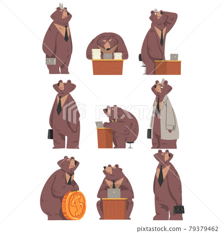 Bear Businessman Working in Office Set, Humanized Brown Animal Characters in Action Cartoon Vector Illustration Bear Businessman Working in Office Set, Humanized Brown Animal Characters in Action Cartoon Vector Illustration 79379462