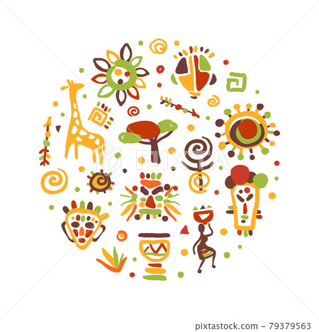 Africa Banner, Traditional African Culture Symbols Seamless Pattern of Round Shape Vector Illustration 79379563