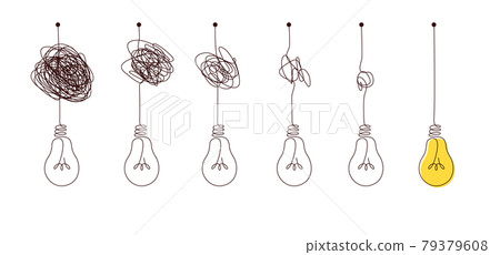 Complex to simple way to create idea - messy clew symbols with light bulb. Complex to simple way to create idea - messy clew symbols with light bulb. 79379608