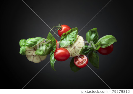 Tomatoes with basil and garlic on a black background. Tomatoes with basil and garlic on a black background. 79379813