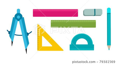 A set of school supplies, stationery, rulers, compasses. Vector illustration in a flat style. A set of school supplies, stationery, rulers, compasses. Vector illustration in a flat style. 79381569