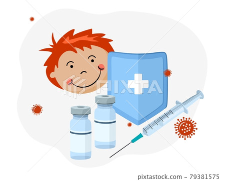 Vaccination of children in the hospital. Vector illustration of a syringe and a vaccine. Prevention, treatment of diseases, health care and immunization. Vaccination of children in the hospital. Vector illustration of a syringe and a vaccine. Prevention, treatment of diseases, health care and immunization. 79381575