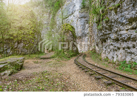 Narrow gauge railway in the deep narrow Guam canyon. Western Caucasus. 79383065