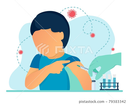Vaccination of children in the hospital. The doctor vaccinates the boys. The pediatrician gives the vaccine injection. Vector illustration. Prevention, treatment of diseases, health care and 79383342