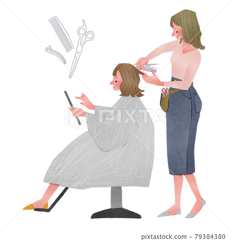Hairdresser woman and woman looking at tablet full body hand-drawn illustration Hairdresser woman and woman looking at tablet full body hand-drawn illustration 79384380