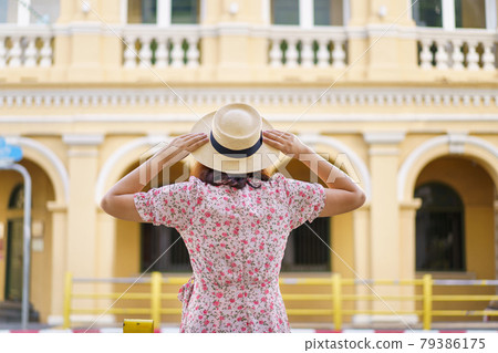 Travelers on street Phuket old town with Building Sino Portuguese architecture at Phuket Old Town area Phuket, Thailand. Travel concept 79386175