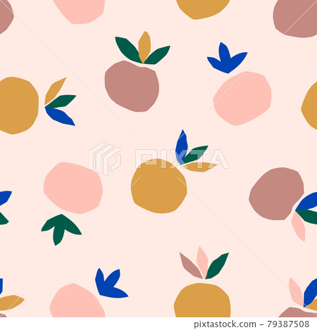 Abstract Peach Seamless Pattern with Leaves in a Trendy Minimalist Style. Vector Collage Background from Fruit Abstract Peach Seamless Pattern with Leaves in a Trendy Minimalist Style. Vector Collage Background from Fruit 79387508