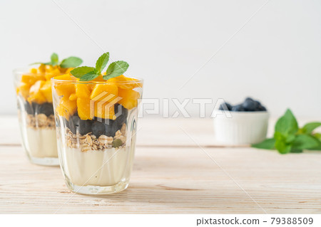 homemade mango and blueberry with yogurt and granola homemade mango and blueberry with yogurt and granola 79388509