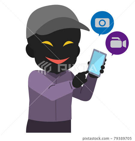 Illustration of a suspicious silhouette person who takes a secret shot with a smartphone camera Illustration of a suspicious silhouette person who takes a secret shot with a smartphone camera 79389705