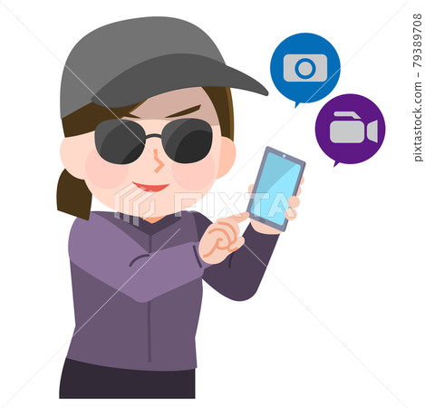 Illustration of a suspicious woman taking a secret shot with a smartphone camera 79389708