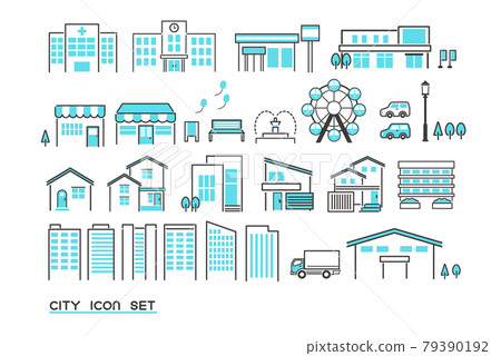 簡單可愛的城市景觀圖標集/矢量圖素材/摘要/醫院/學校 79390192