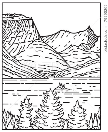 Saint Mary Lake and Wild Goose Island in Glacier National Park Located in Montana United States Mono Line or Monoline Black and White Line Art 79390263