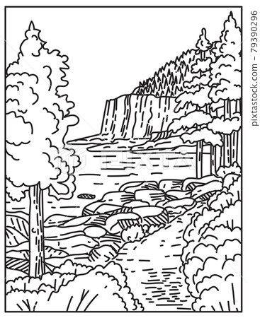 Otter Cliff Along the North Atlantic Seaboard Located in Acadia National Park Maine United States Mono Line or Monoline Line Art  Black and White 79390296