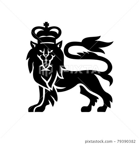 Military badge illustration of English or British lion wearing a royal crown viewed from side looking to front on isolated white background done in black and white retro style. Military badge illustration of English or British lion wearing a royal crown viewed from side looking to front on isolated white background done in black and white retro style. 79390382
