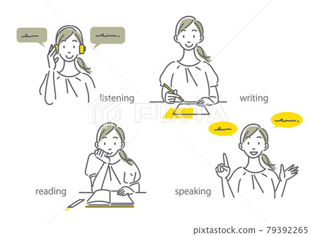 女性學習英語的簡單時尚線條畫插圖素材 79392265