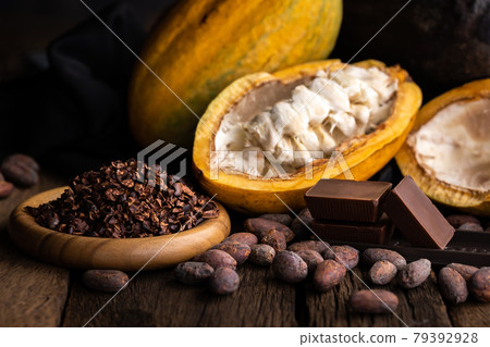 cocoa pods, beans and powder on wooden table, top view 79392928