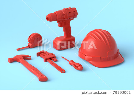 Isometric view of monochrome construction tools for repair on blue and red 79393001