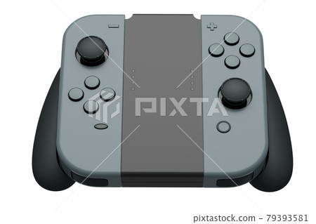 Portable video game controllers attached to touch screen on white background 79393581
