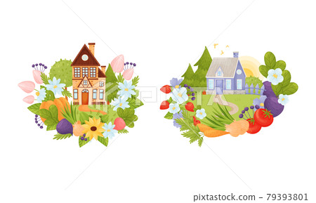 Village Houses Standing on Meadow with Winding Path Surrounded by Circular Crop and Flower Arrangement Vector Set Village Houses Standing on Meadow with Winding Path Surrounded by Circular Crop and Flower Arrangement Vector Set 79393801