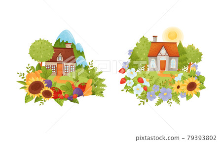 Village Houses Standing on Meadow with Winding Path Surrounded by Circular Crop and Flower Arrangement Vector Set Village Houses Standing on Meadow with Winding Path Surrounded by Circular Crop and Flower Arrangement Vector Set 79393802