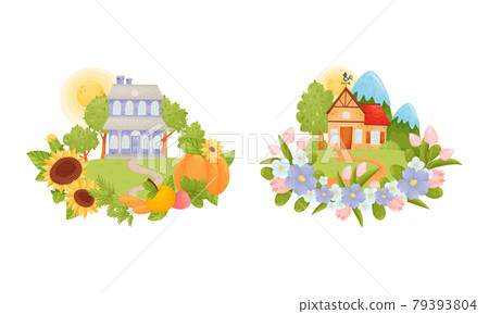Village Houses Standing on Meadow with Winding Path Surrounded by Circular Crop and Flower Arrangement Vector Set Village Houses Standing on Meadow with Winding Path Surrounded by Circular Crop and Flower Arrangement Vector Set 79393804