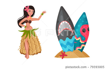 Hawaiian Beach Attributes and Tropical Symbols with Dancing Girl and Surfboard in Sand Vector Set Hawaiian Beach Attributes and Tropical Symbols with Dancing Girl and Surfboard in Sand Vector Set 79393805