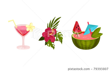 Hawaiian Beach Attributes and Tropical Symbols with Cocktail in Glass with Straw Vector Set Hawaiian Beach Attributes and Tropical Symbols with Cocktail in Glass with Straw Vector Set 79393807