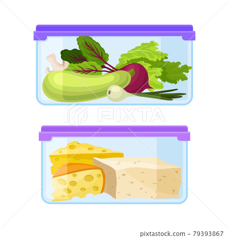 Fresh Food Stored in Glass Transparent Containers with Closed Plastic Lid Vector Set Fresh Food Stored in Glass Transparent Containers with Closed Plastic Lid Vector Set 79393867