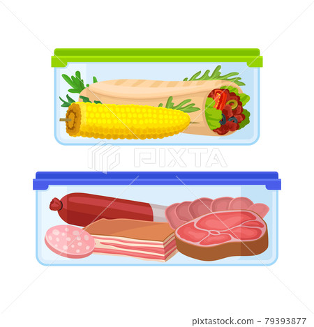 Fresh Food Stored in Glass Transparent Containers with Closed Plastic Lid Vector Set Fresh Food Stored in Glass Transparent Containers with Closed Plastic Lid Vector Set 79393877