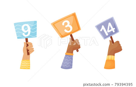 Human Hands of Different Skin Color Holding Score Tables Vector Set 79394395