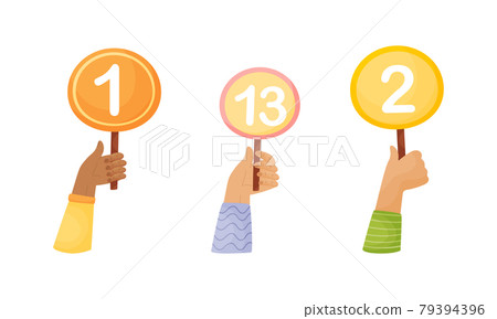 Human Hands of Different Skin Color Holding Score Tables Vector Set 79394396
