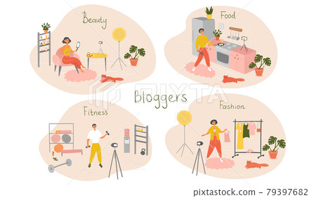 Set of bloggers and vloggers characters making internet content. Peoples creating video for their blog channel. Influencers shooting vlog. Vector cartoon illustration Set of bloggers and vloggers characters making internet content. Peoples creating video for their blog channel. Influencers shooting vlog. Vector cartoon illustration 79397682