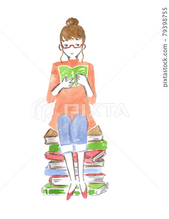 Watercolor illustration of a woman sitting in a book and reading 79398755