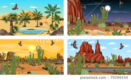 Different scenes with desert forest landscape with animals and plants Different scenes with desert forest landscape with animals and plants 79399334