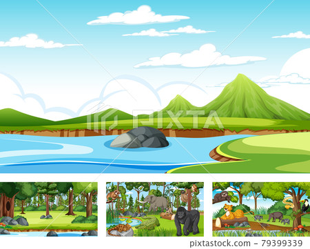 Set of different forest horizontal scene with various wild animals Set of different forest horizontal scene with various wild animals 79399339