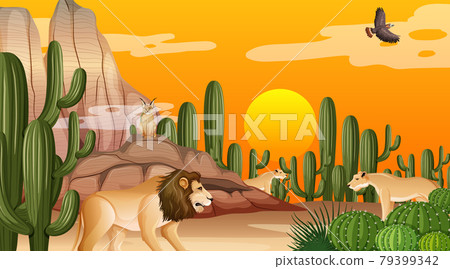 Desert forest landscape at sunset time scene with wild animals Desert forest landscape at sunset time scene with wild animals 79399342