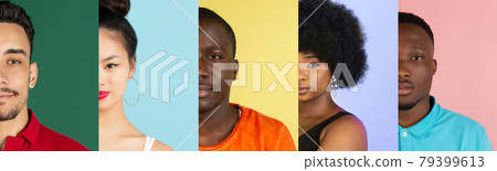 Cropped portraits of group of people on multicolored background, collage. Cropped portraits of group of people on multicolored background, collage. 79399613