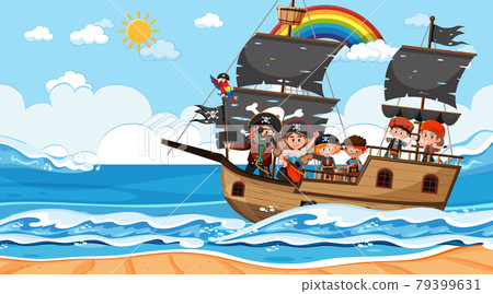 Ocean scene at daytime with Pirate kids on the... - Stock Illustration ...