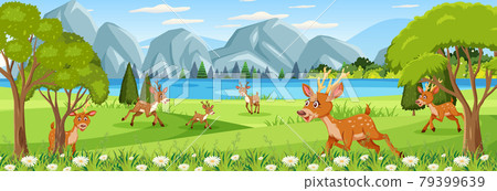 Panorama landscape scene with many deers in the... - Stock Illustration ...